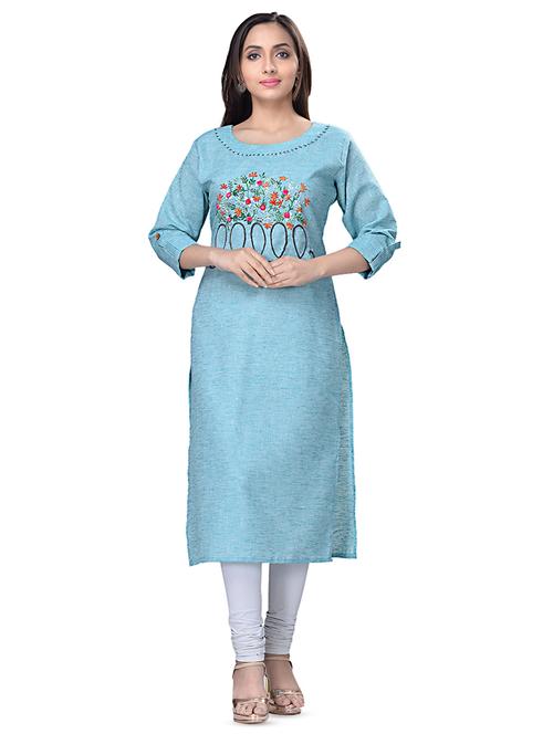turquoise linen straight kurta - 16676375 - Very Small Image - 1