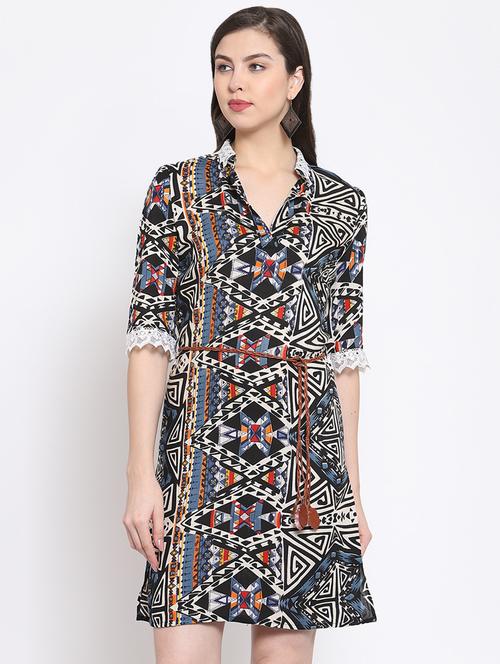 mandarin neck lace detail belted dress - 16677100 - Very Small Image - 1