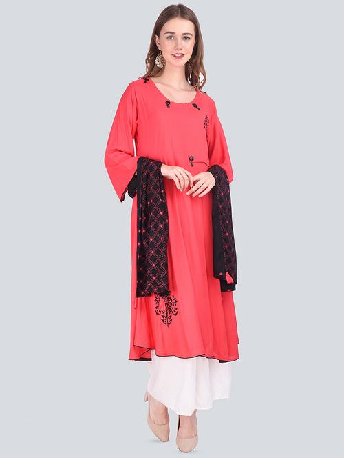 solid kurta with printed dupatta set - 16677555 - Very Small Image - 1