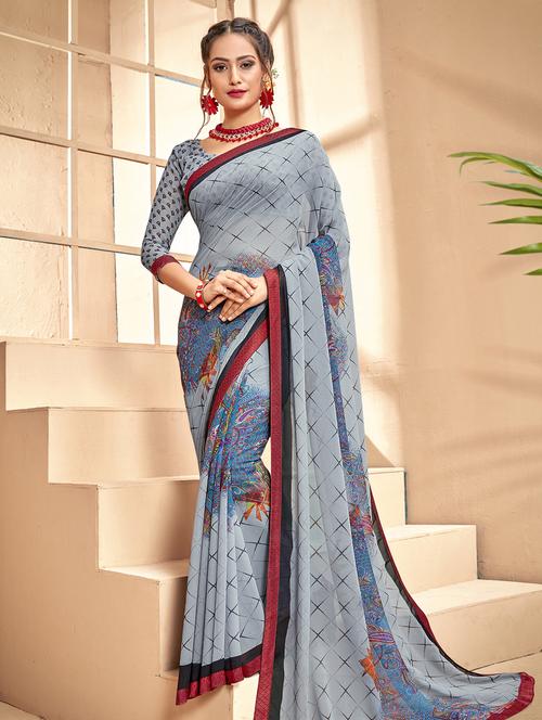 floral printed saree with blouse - 16679168 - Very Small Image - 1