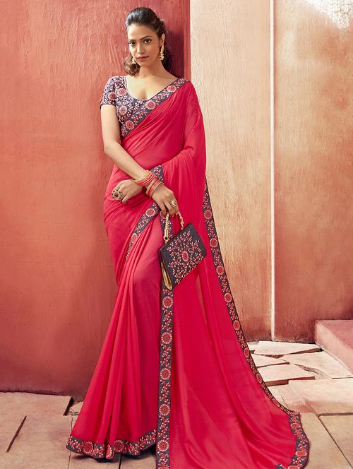 solid bordered saree with blouse - 16679181 - Very Small Image - 1