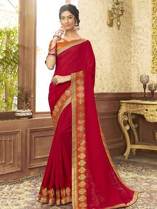 solid bordered saree with blouse - 16679191 - Very Small Image - 1