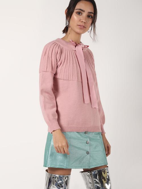 tie up neck solid wool pullover - 16680306 - Very Small Image - 1