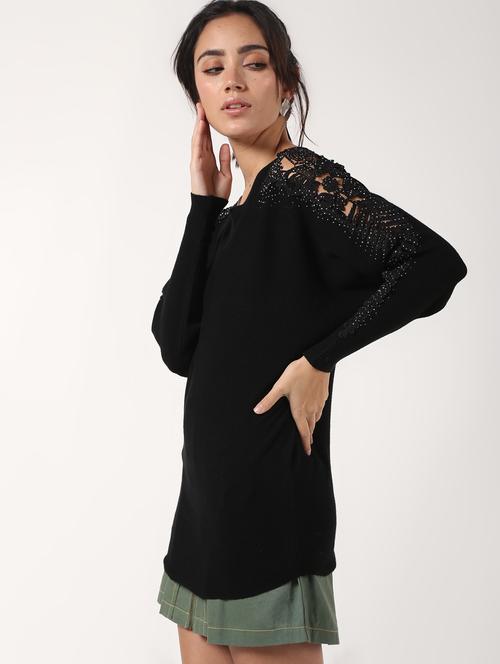 lace panel round neck wool blend pullover - 16680325 - Very Small Image - 1