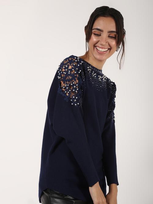 lace panel pearl embellished wool blend pullover - 16680326 - Very Small Image - 1
