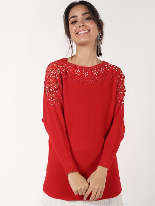 lace panel round neck pullover - 16680328 - Very Small Image - 1