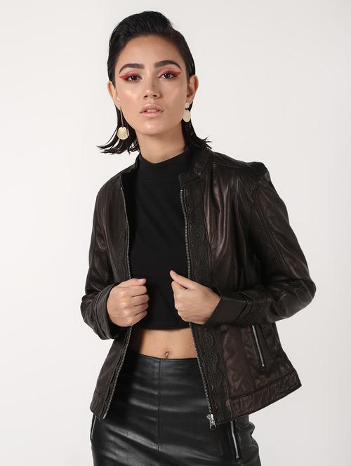 mandarin neck long sleeved leather jacket - 16682501 - Very Small Image - 1