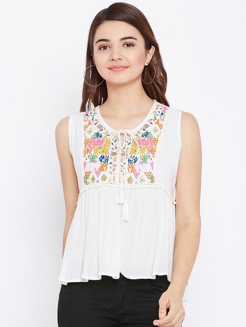 tie up neck embroidered detail top - 16684567 - Very Small Image - 1
