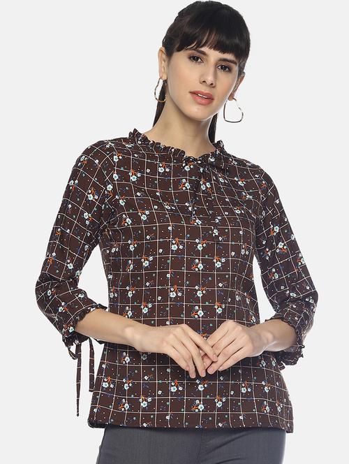 frill trim tie knot sleeved top - 16684821 - Very Small Image - 1