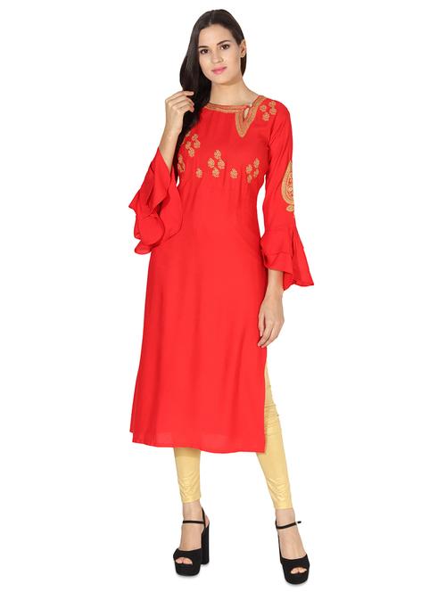 bell sleeves embroidered straight kurta - 16685194 - Very Small Image - 1