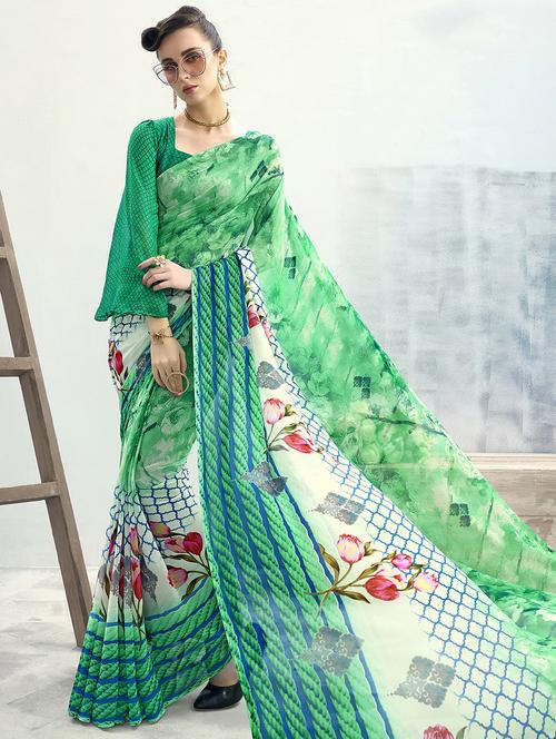 floral printed saree with blouse - 16691405 - Very Small Image - 1