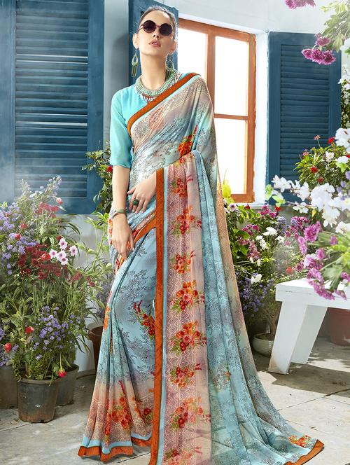 floral printed saree with blouse - 16691412 - Very Small Image - 1