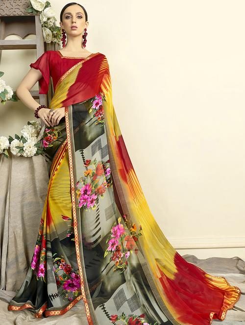 floral printed saree with blouse - 16691448 - Very Small Image - 1