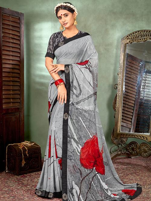 floral printed saree with blouse - 16691456 - Very Small Image - 1