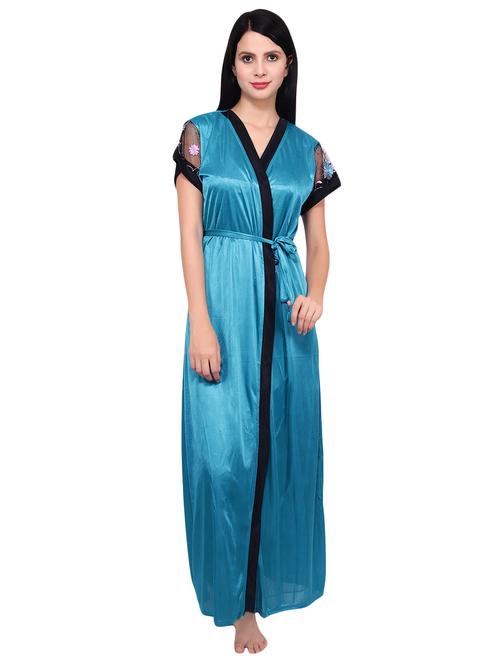 contrast floral embroidered sleepwear robe - 16695017 - Very Small Image - 1