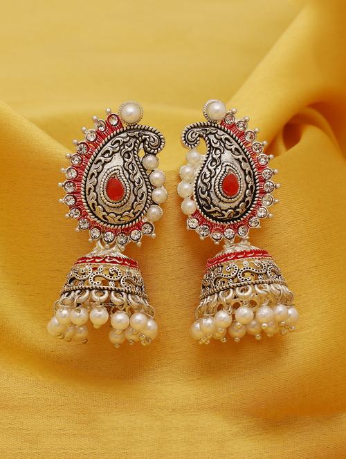 red silver plated jhumka earring - 16697940 - Very Small Image - 1