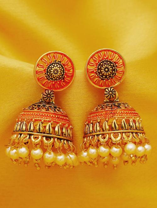 orange gold plated jhumka earring - 16697986 - Very Small Image - 1