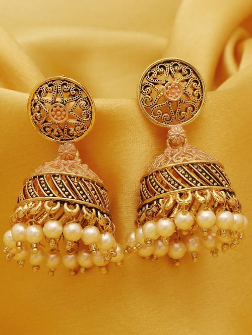 pink gold plated jhumka earring - 16697994 - Very Small Image - 1