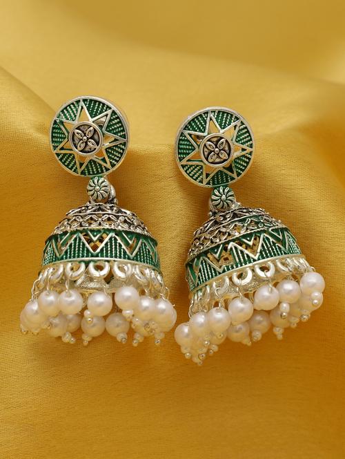green silver plated jhumka earring - 16698023 - Very Small Image - 1