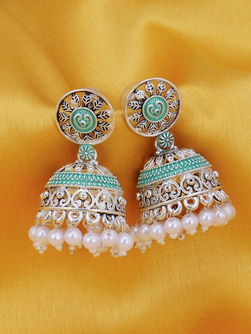 green silver plated jhumka earring - 16698027 - Very Small Image - 1