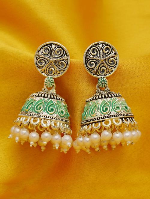 green silver plated jhumka earring - 16698028 - Very Small Image - 1