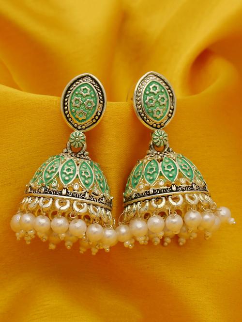 green silver plated jhumka earring - 16698031 - Very Small Image - 1