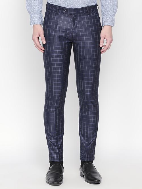 navy blue checkered flat front formal trouser - 16699726 - Very Small Image - 1