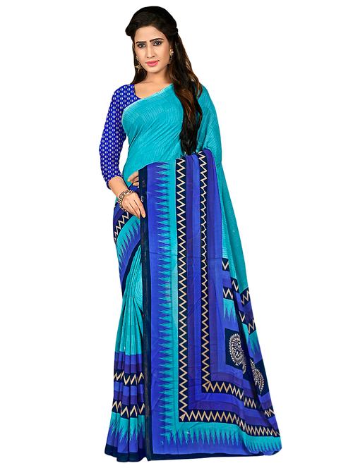 turquoise printed saree with blouse - 16704544 - Very Small Image - 1
