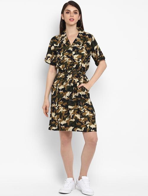 lapel neck camouflage a-line dress - 16706253 - Very Small Image - 1