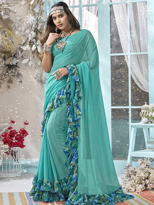 turquoise chiffon plain saree with blouse - 16711614 - Very Small Image - 1