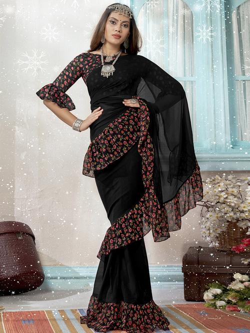 ruffle fusion saree with blouse - 16711616 - Very Small Image - 1