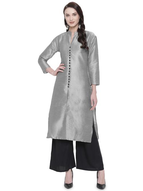 silver silk straight kurta - 16718828 - Very Small Image - 1