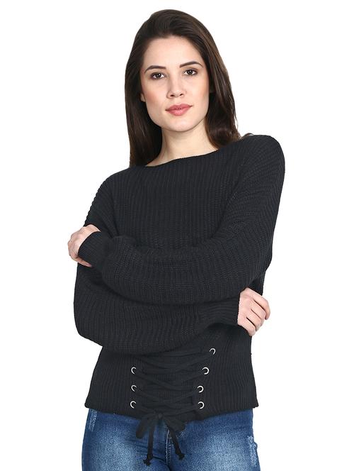 lace up front round neck pullover - 16721704 - Very Small Image - 1