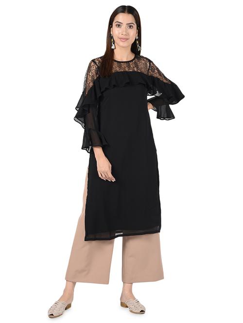ruffled yoke solid straight kurta - 16728750 - Very Small Image - 1