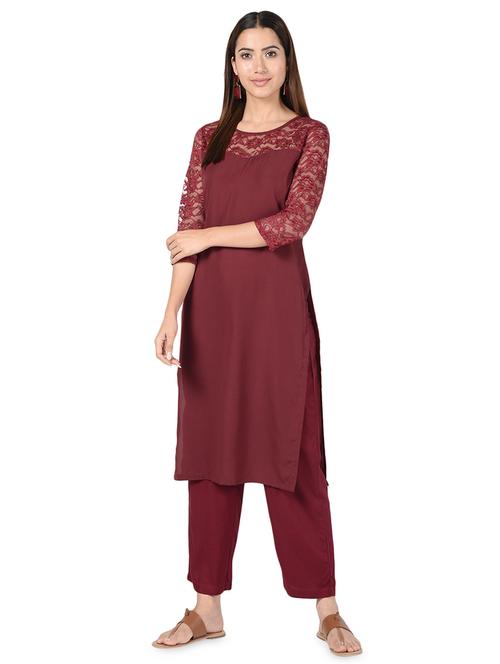 net yoke solid straight kurta - 16728758 - Very Small Image - 1