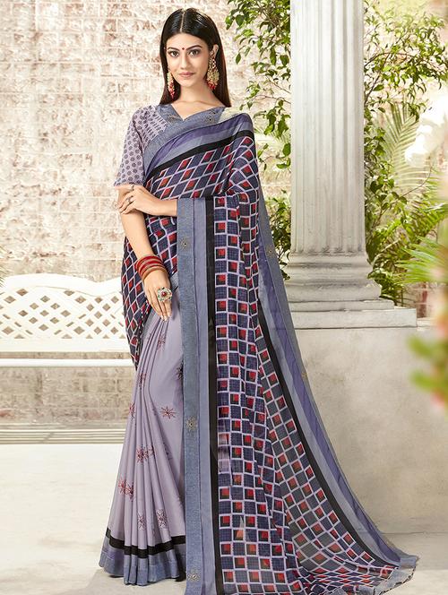 geometric printed saree with blouse - 16730357 - Very Small Image - 1