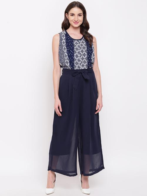 tie front printed full leg jumpsuit - 16730442 - Very Small Image - 1