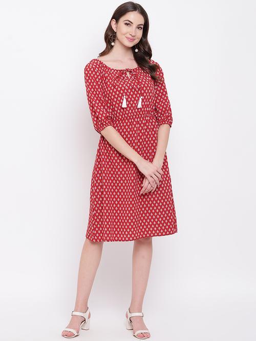 tie up neck printed a-line dress - 16730578 - Very Small Image - 1