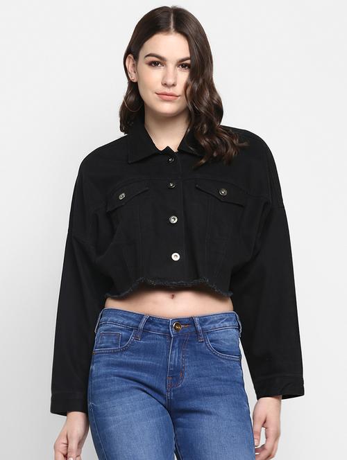 frayed hem cropped denim jacket - 16734561 - Very Small Image - 1