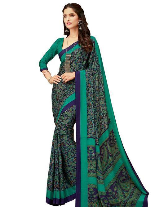 turquoise crepe printed saree with blouse - 16734829 - Very Small Image - 1