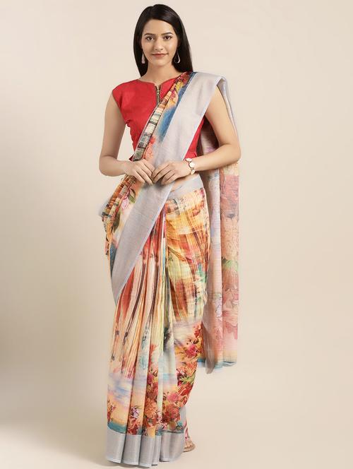 floral printed saree with blouse - 16734960 - Very Small Image - 1