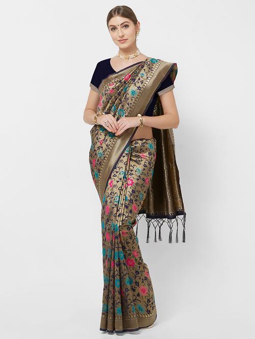 floral woven saree with blouse - 16735008 - Very Small Image - 1