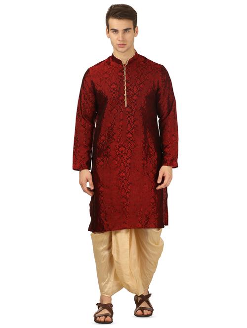 red pure silk brocade dhoti kurta set - 16735442 - Very Small Image - 1