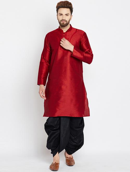 red pure silk solid dhoti kurta set - 16735504 - Very Small Image - 1