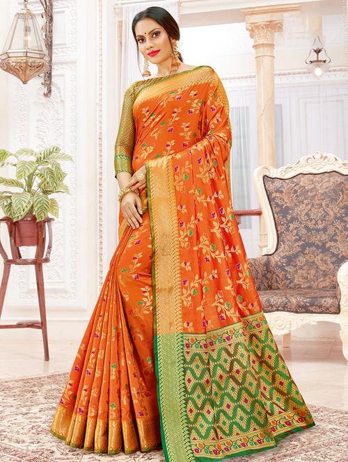 women's self design orange colored saree with blouse - 16736495 - Very Small Image - 1