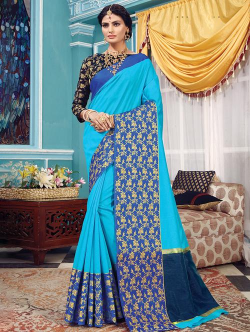 women's self design light blue colored saree with blouse - 16736653 - Very Small Image - 1