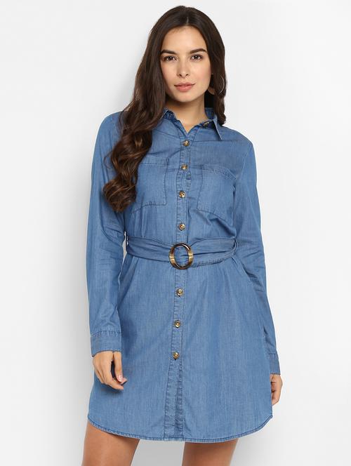 curved hem belted denim shirt dress - 16737279 - Very Small Image - 1