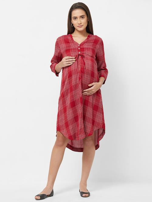 v-neck checkered maternity wear dress - 16737347 - Very Small Image - 1