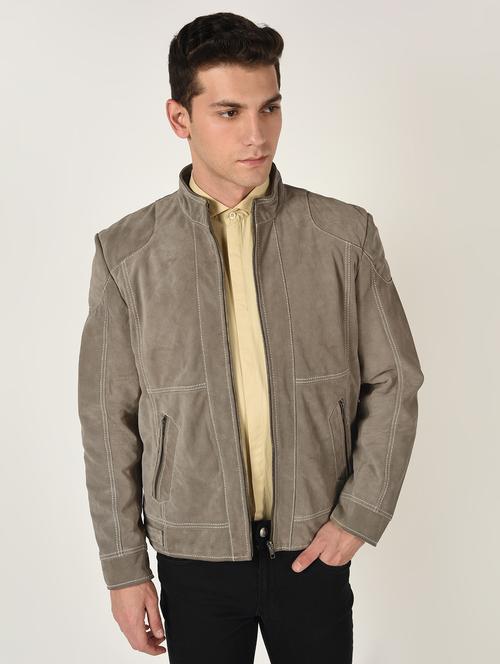 grey solid suede leather jacket - 16737544 - Very Small Image - 1
