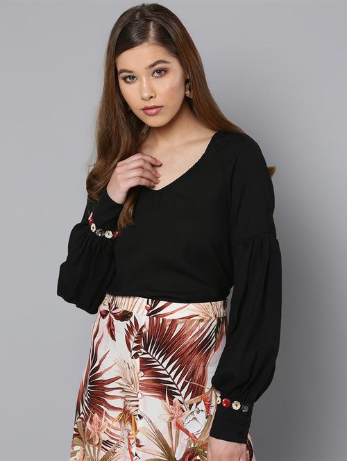 v neck embellished bishop sleeved top - 16740431 - Very Small Image - 1